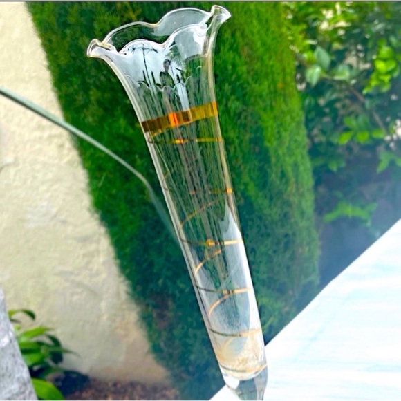 Antique Fine Art Ruffled Clear Glass Vase Original Vintage Tall Gold Flower Deco - Picture 7 of 7
